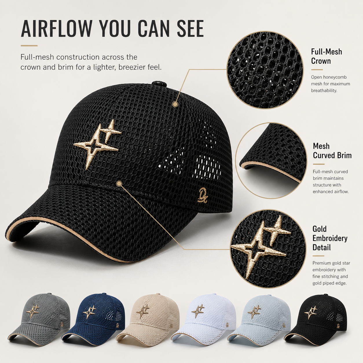 Full-Mesh Baseball Cap with Gold Star Embroidery — Breathable Summer Hat, 6 Colors