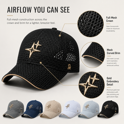 Full-Mesh Baseball Cap with Gold Star Embroidery — Breathable Summer Hat, 6 Colors