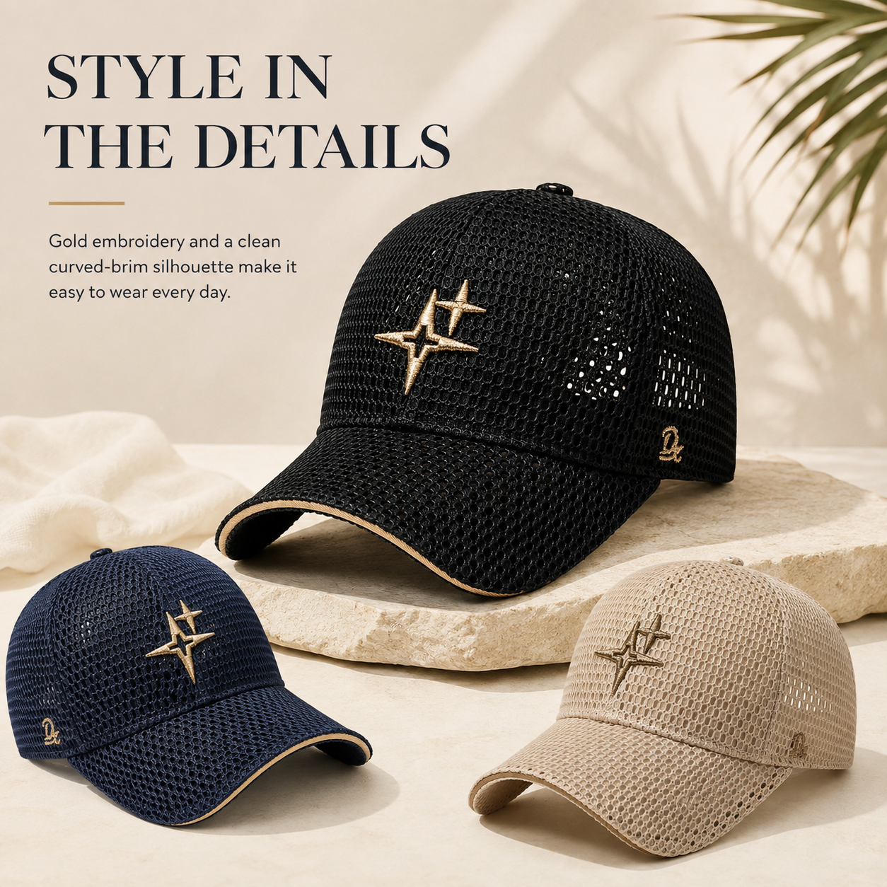 Full-Mesh Baseball Cap with Gold Star Embroidery — Breathable Summer Hat, 6 Colors
