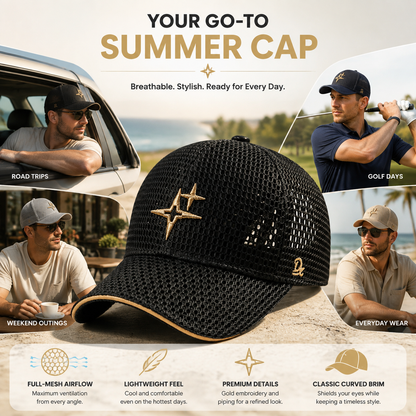 Full-Mesh Baseball Cap with Gold Star Embroidery — Breathable Summer Hat, 6 Colors