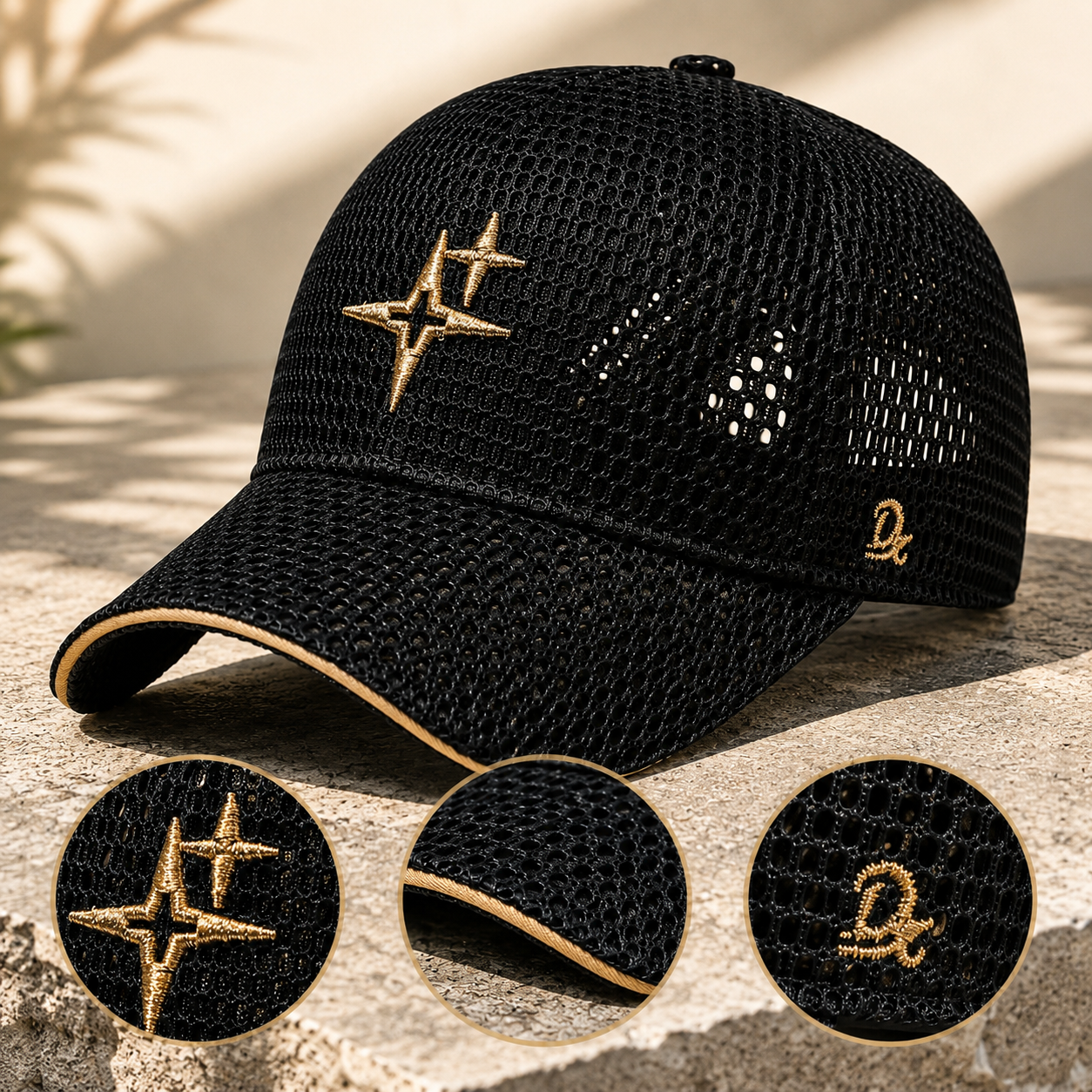 Full-Mesh Baseball Cap with Gold Star Embroidery — Breathable Summer Hat, 6 Colors