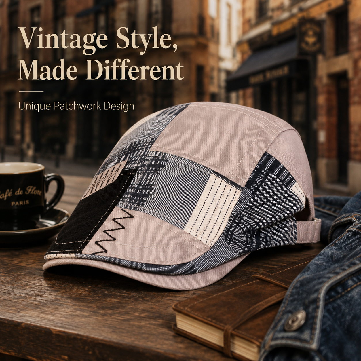 Patchwork Plaid Newsboy Cap for Men Women, Vintage Spliced Cabbie Flat Ivy Cap Adjustable Beret Hat