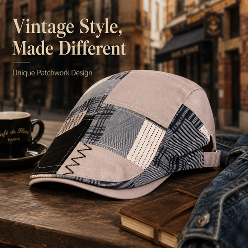Patchwork Plaid Newsboy Cap for Men Women, Vintage Spliced Cabbie Flat Ivy Cap Adjustable Beret Hat