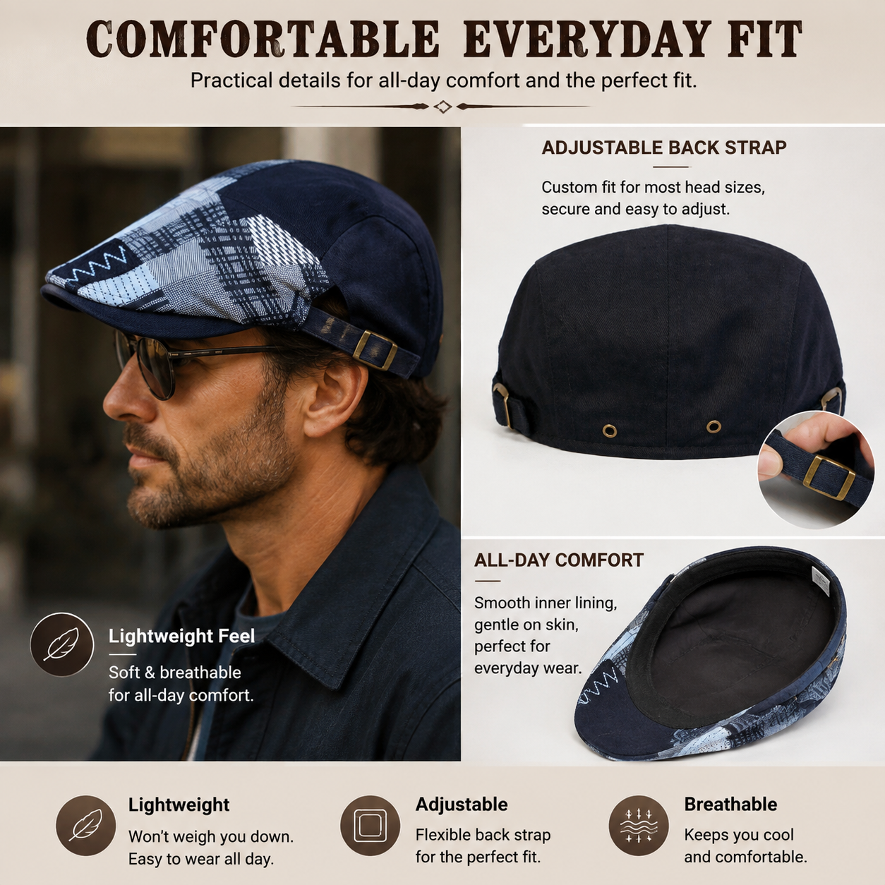 Patchwork Plaid Newsboy Cap for Men Women, Vintage Spliced Cabbie Flat Ivy Cap Adjustable Beret Hat