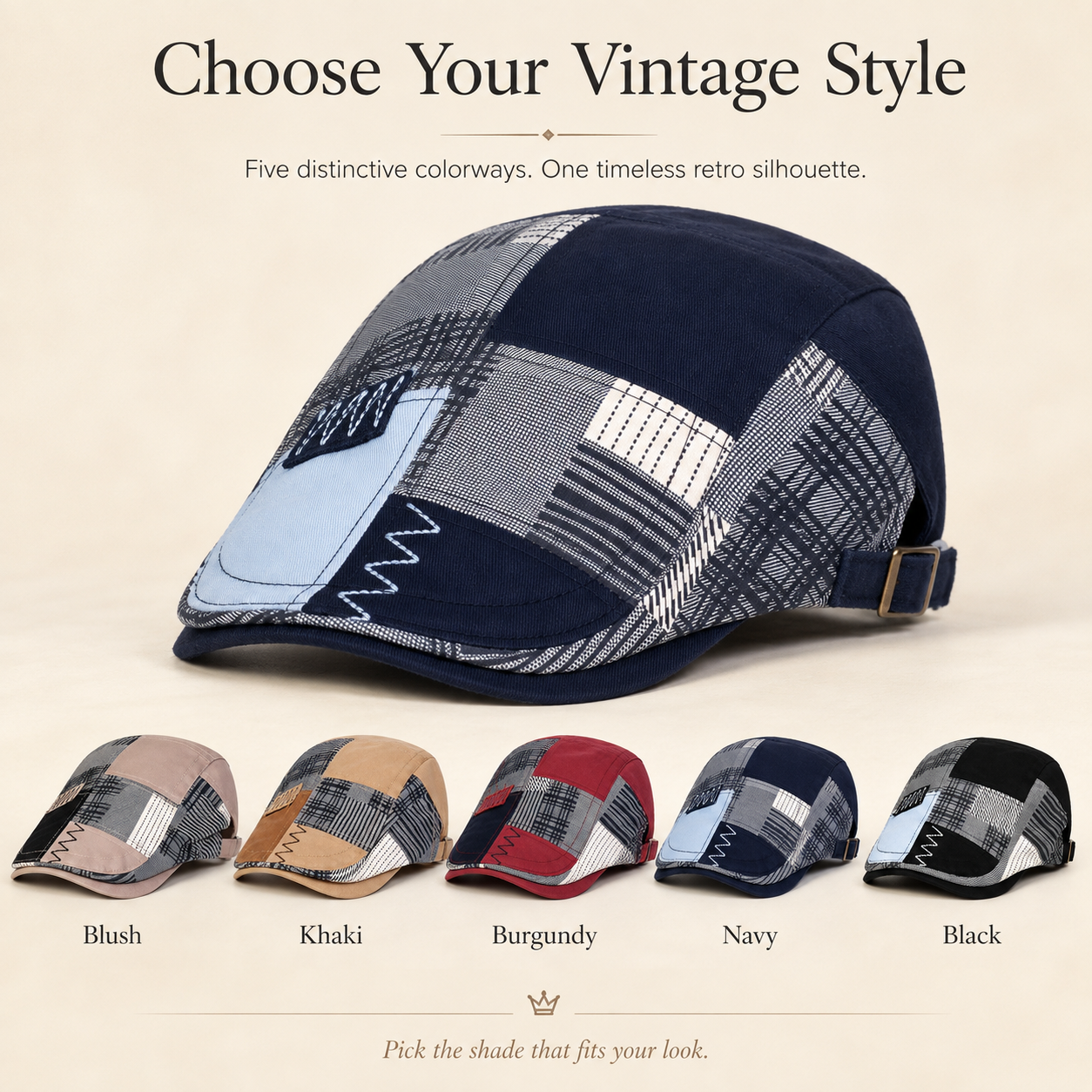 Patchwork Plaid Newsboy Cap for Men Women, Vintage Spliced Cabbie Flat Ivy Cap Adjustable Beret Hat