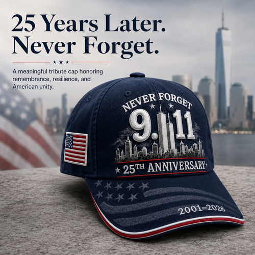 Never Forget 9/11 25th Anniversary Commemorative Cap — Navy & Red