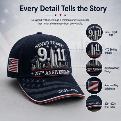 Never Forget 9/11 25th Anniversary Commemorative Cap — Navy & Red