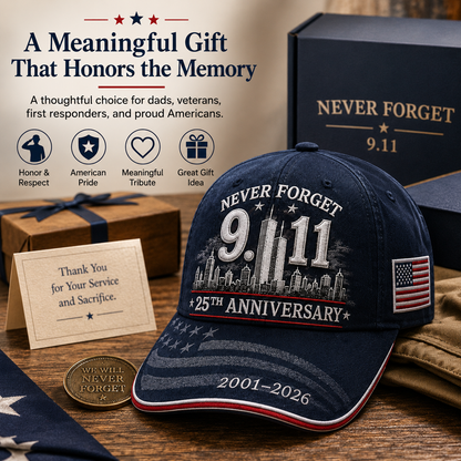 Never Forget 9/11 25th Anniversary Commemorative Cap — Navy & Red