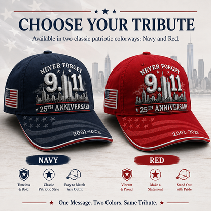 Never Forget 9/11 25th Anniversary Commemorative Cap — Navy & Red