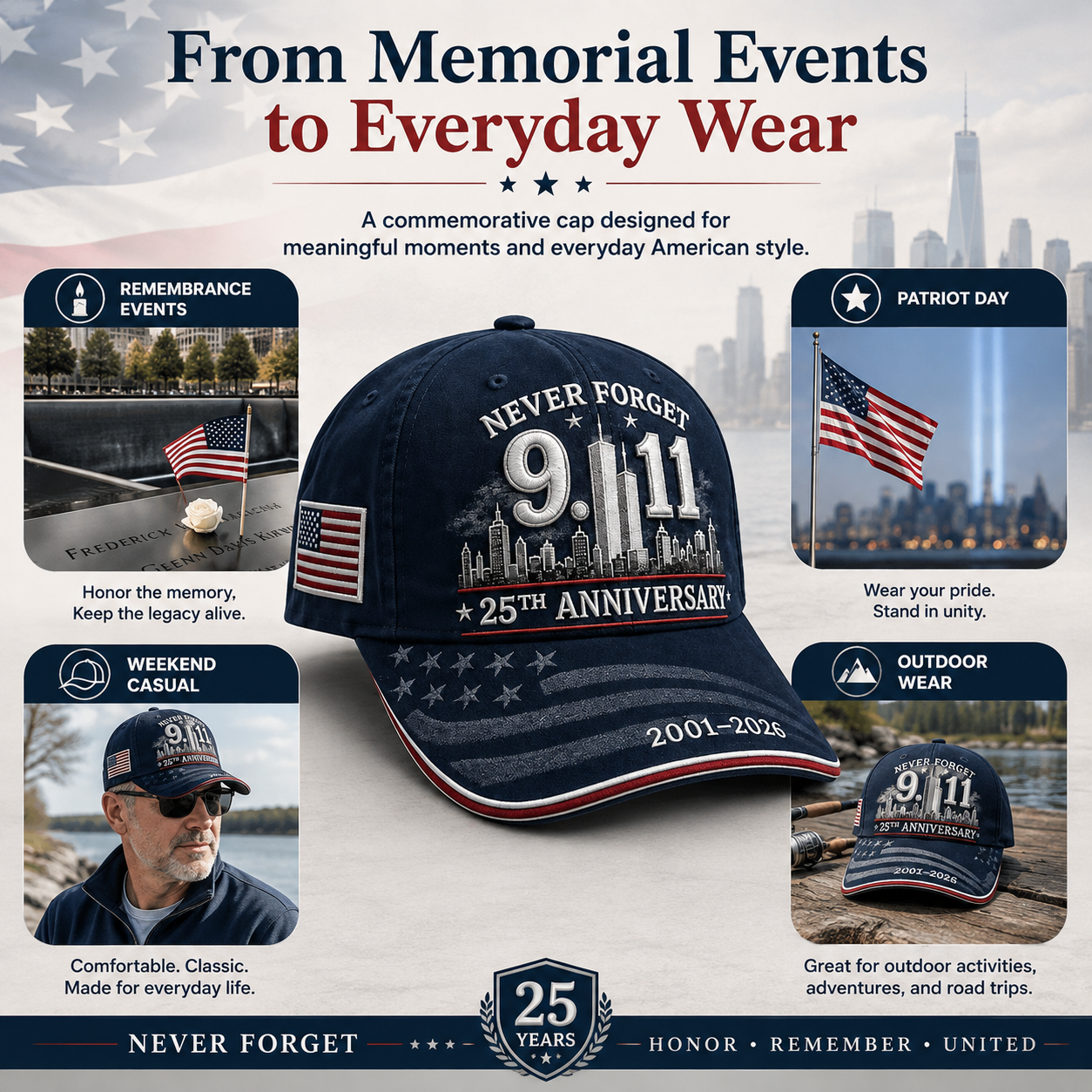 Never Forget 9/11 25th Anniversary Commemorative Cap — Navy & Red
