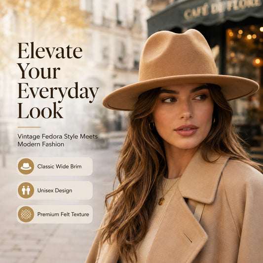 Wide Brim Felt Fedora Hat — Vintage Style Unisex Cap | 16 Colors