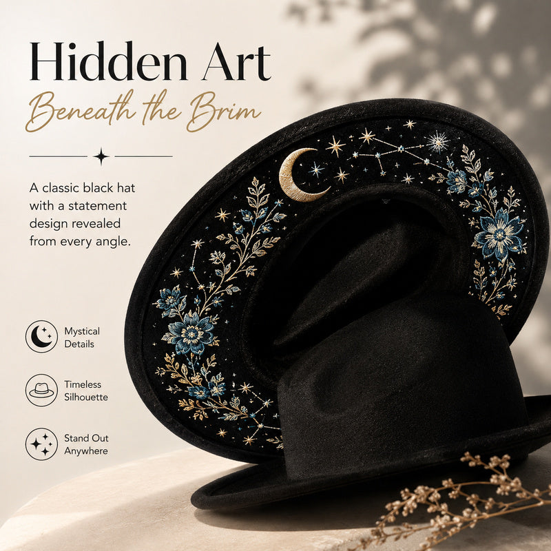 Embroidered Wide Brim Western Hat — Hidden Under-Brim Art, 9 Mystical Designs