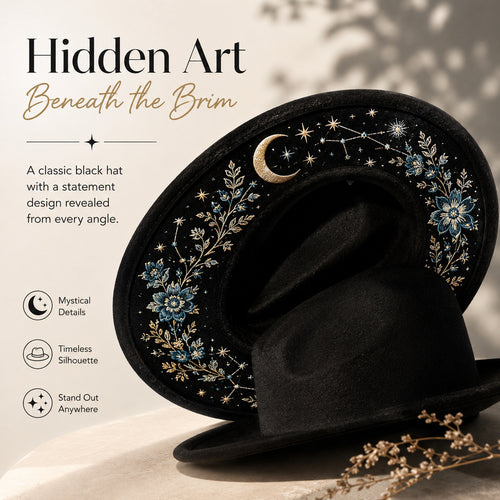 Embroidered Wide Brim Western Hat — Hidden Under-Brim Art, 9 Mystical Designs