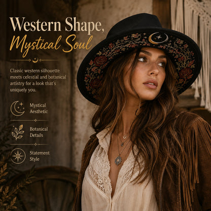 Embroidered Wide Brim Western Hat — Hidden Under-Brim Art, 9 Mystical Designs