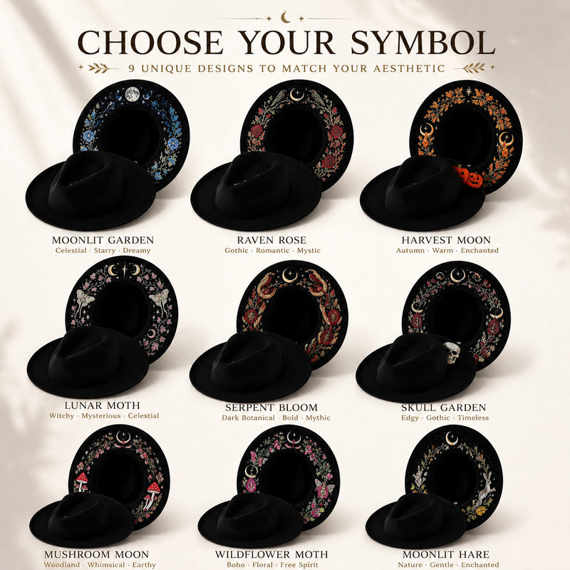Embroidered Wide Brim Western Hat — Hidden Under-Brim Art, 9 Mystical Designs