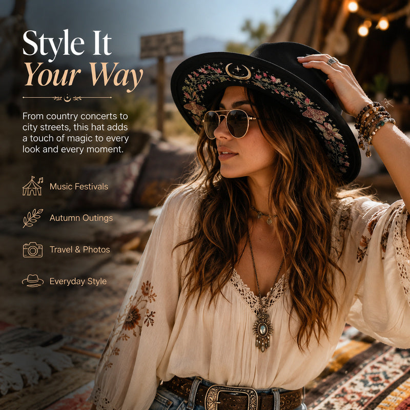Embroidered Wide Brim Western Hat — Hidden Under-Brim Art, 9 Mystical Designs