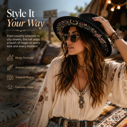 Embroidered Wide Brim Western Hat — Hidden Under-Brim Art, 9 Mystical Designs