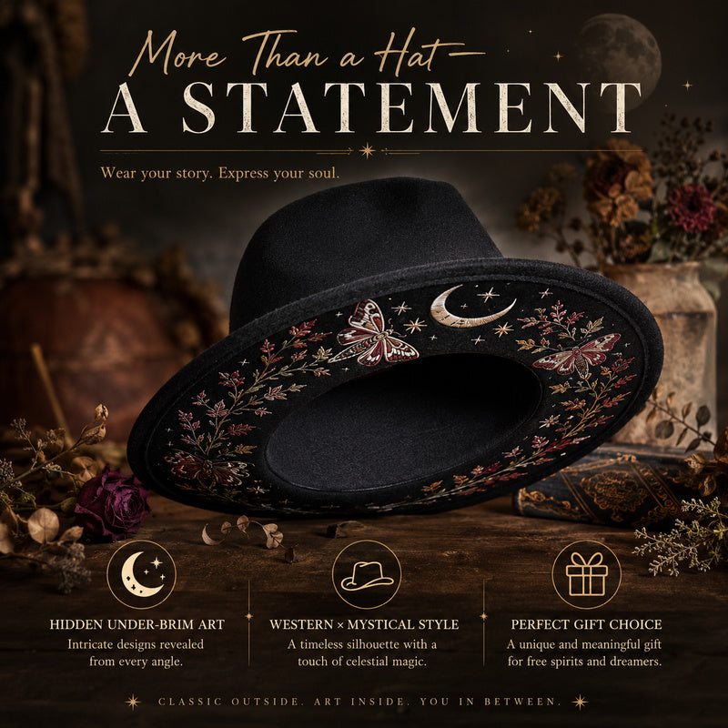 Embroidered Wide Brim Western Hat — Hidden Under-Brim Art, 9 Mystical Designs