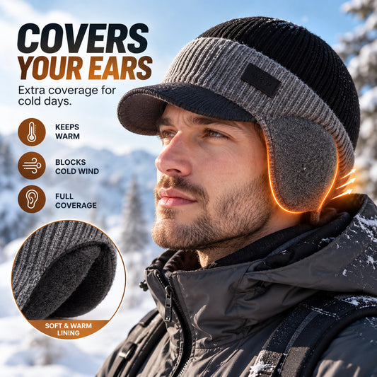 Winter Knit Beanie with Visor & Ear Flaps
