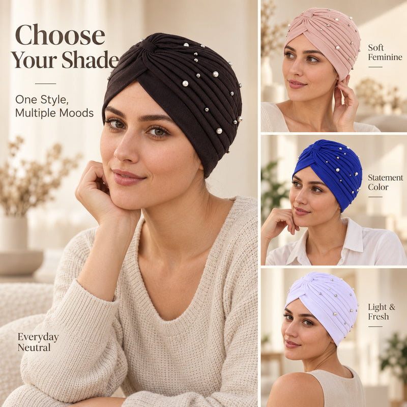 Pearl Pleated Pre-Tied Turban Hat — 8 Colors