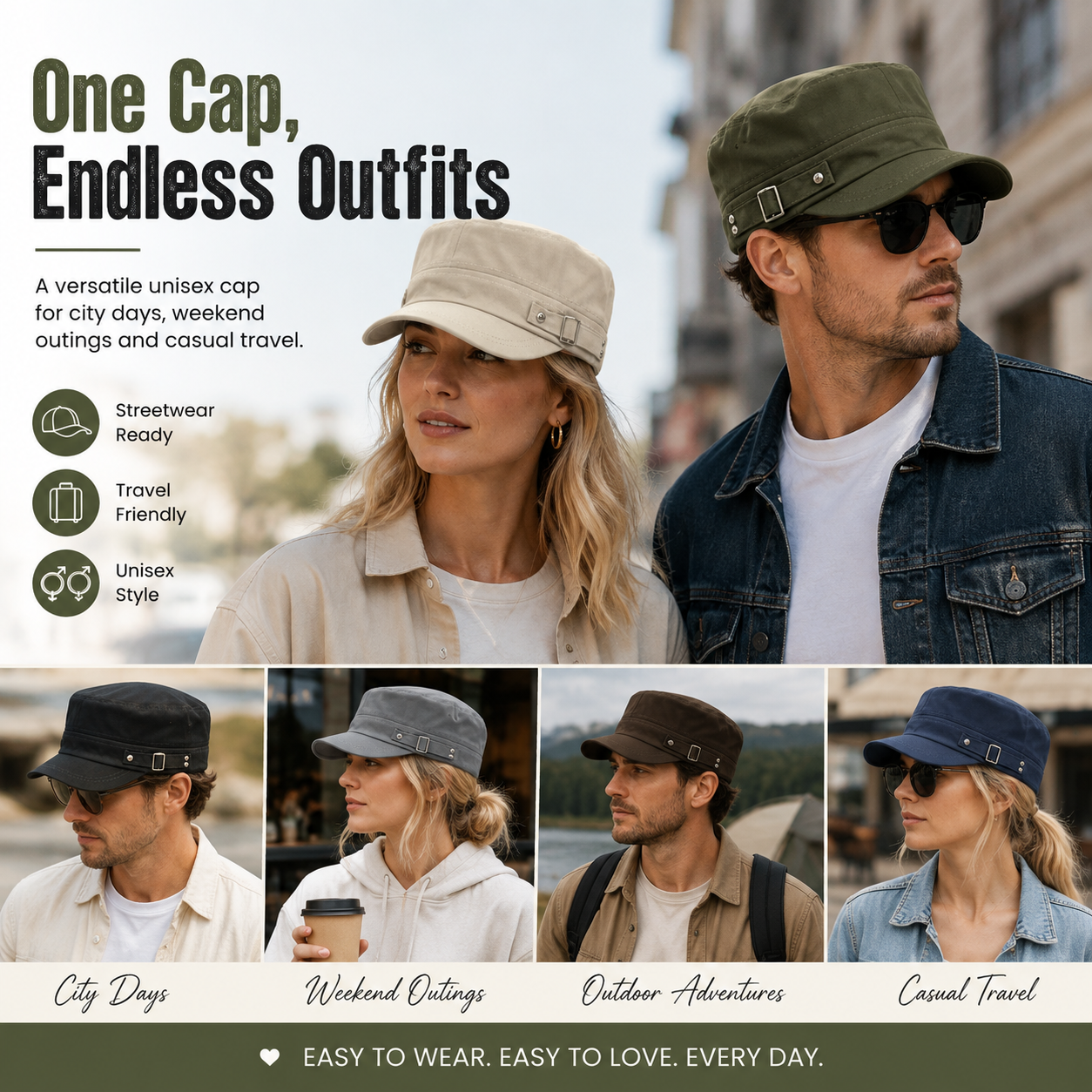 Adjustable Cotton Military Cadet Cap Flat Top Sun Hat for Men Women