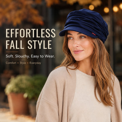 Womens Ruched Slouchy Newsboy Cap Soft Brimmed Beanie Hat