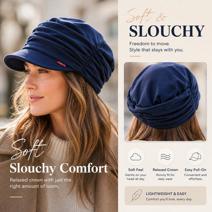 Womens Ruched Slouchy Newsboy Cap Soft Brimmed Beanie Hat