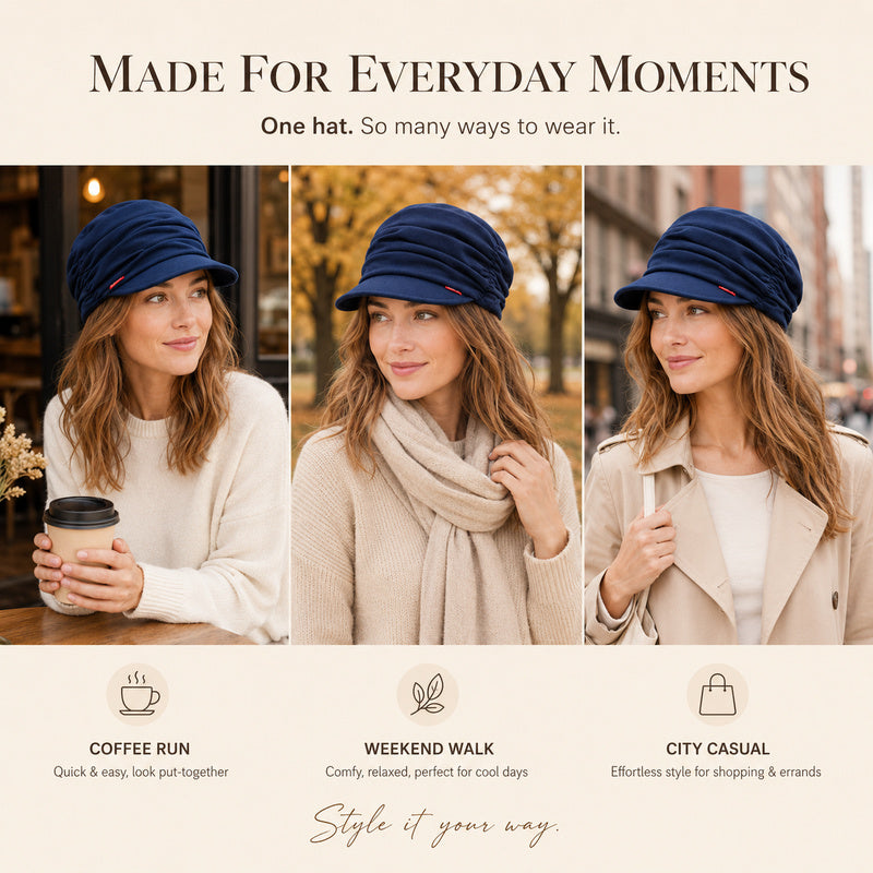 Womens Ruched Slouchy Newsboy Cap Soft Brimmed Beanie Hat
