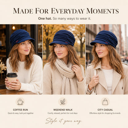 Womens Ruched Slouchy Newsboy Cap Soft Brimmed Beanie Hat
