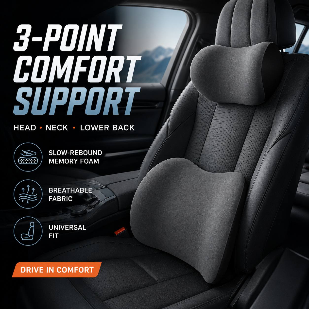 🚗 Memory Foam Car Neck & Lumbar Support Set – Comfort for Every Drive