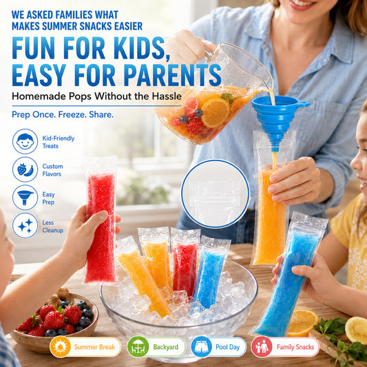 Disposable Ice Pop Bags with Funnel – DIY Freezer Popsicle Mold Bags for Juice, Fruit & Summer Treats