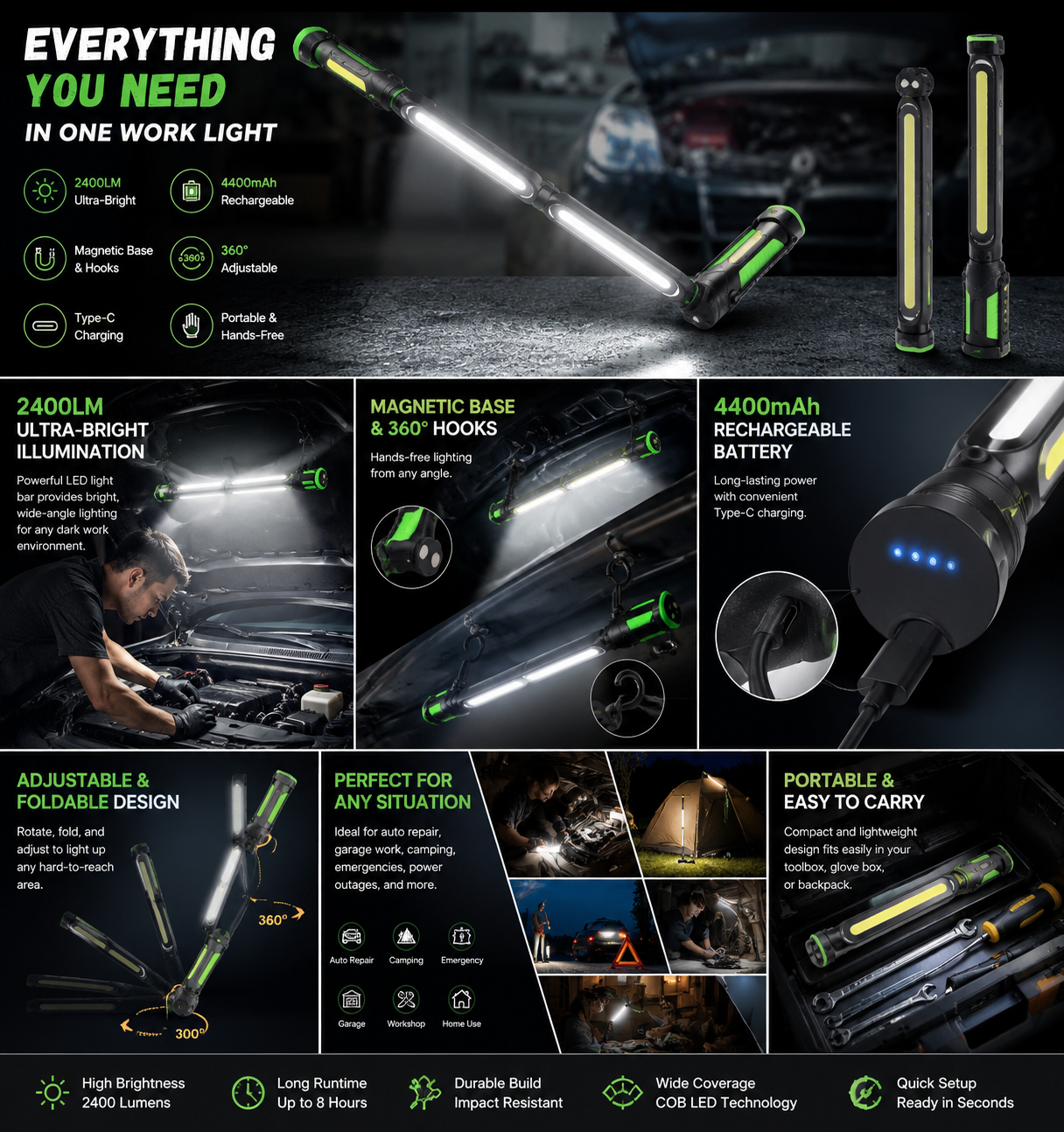 【FathersDayGift】2400LM Rechargeable LED Work Light with Magnetic Base