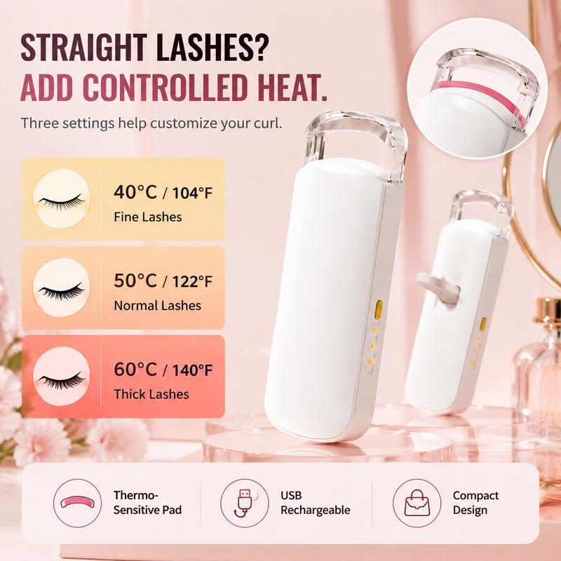 Heated eyelash curler helping lift straight lashes