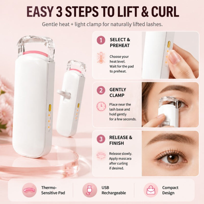 Three steps for using the heated eyelash curler