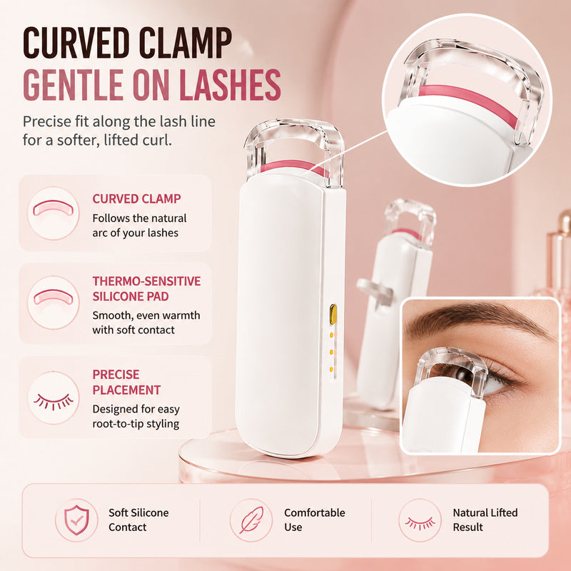 Curved thermo-sensitive silicone pad on heated eyelash curler