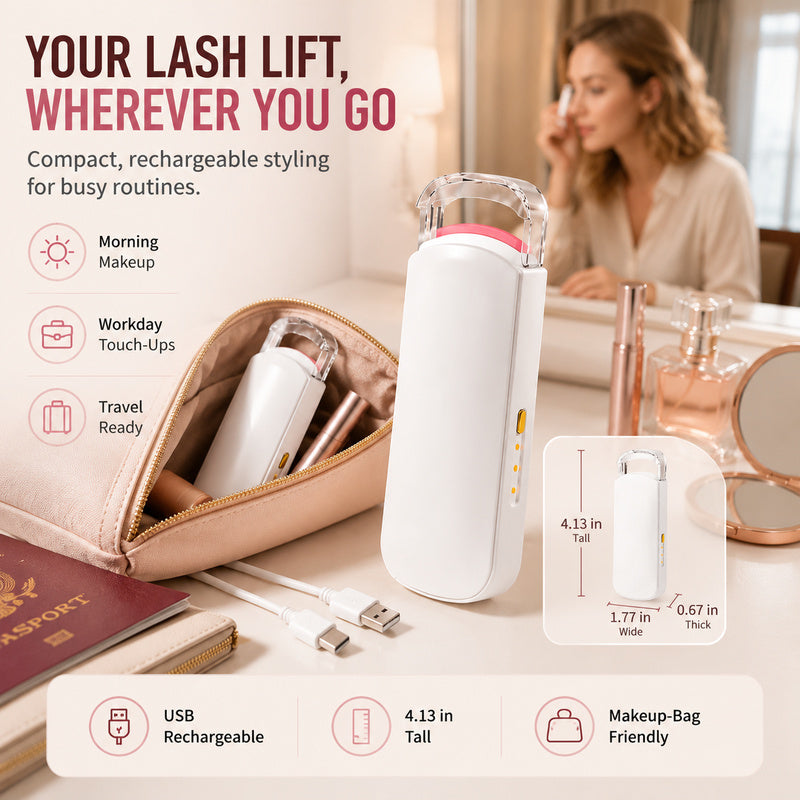 Compact USB rechargeable heated eyelash curler for travel