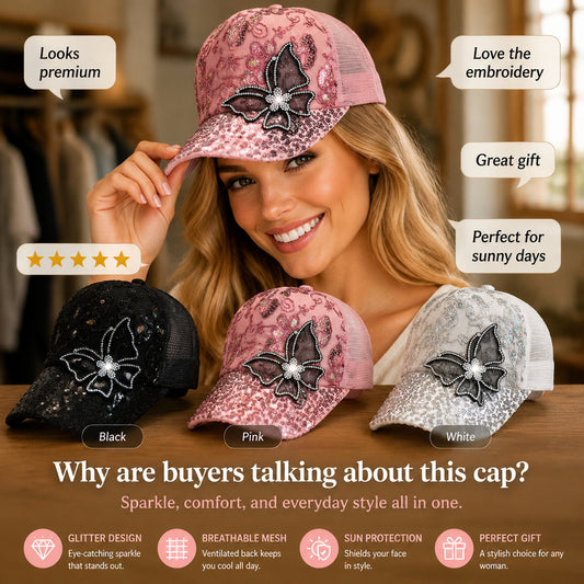 Women's Glitter Butterfly Baseball Cap – Breathable Mesh Fitted Hat for Everyday Style