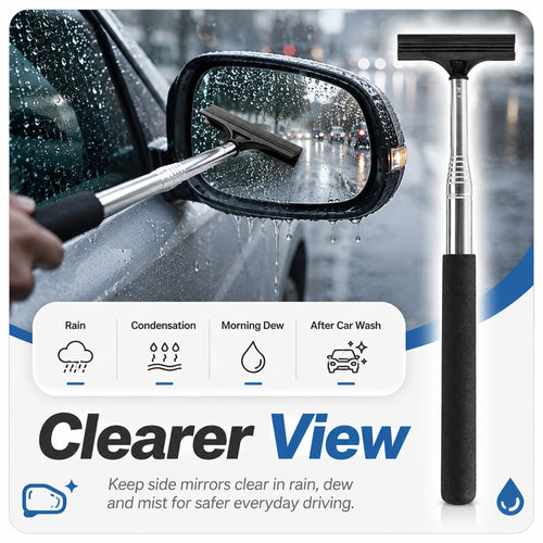 Retractable Car Rearview Mirror Wiper with Long Handle, Universal Side Mirror Squeegee
