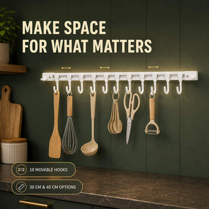 Adjustable 10-Hook Sliding Rail Organizer – Space-Saving Storage for Kitchen & Bathroom