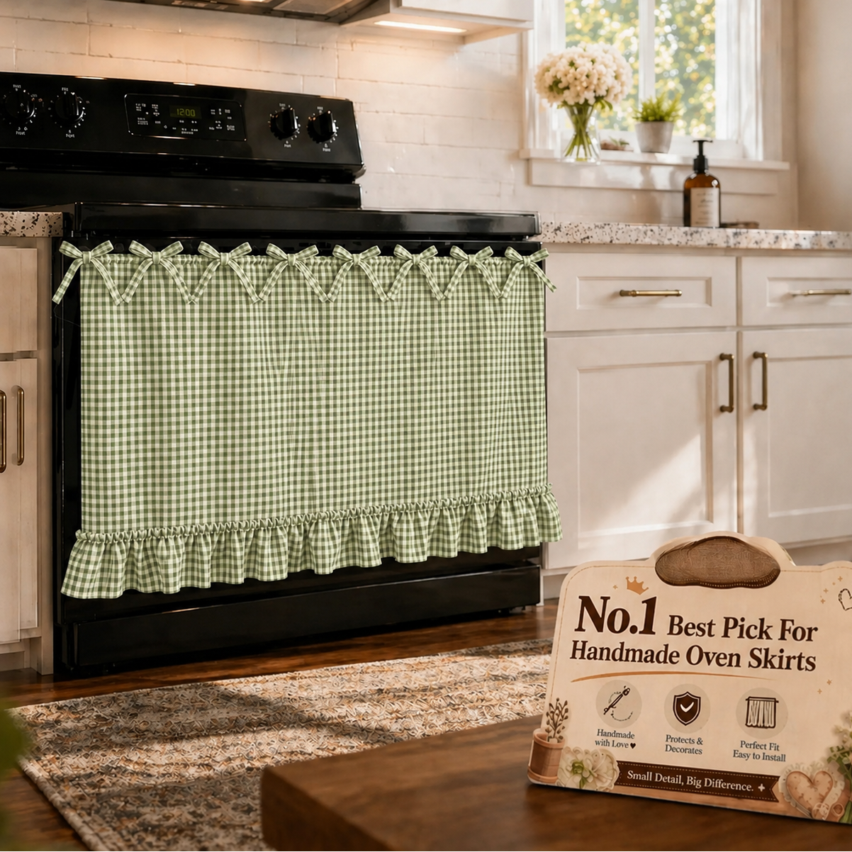 Gingham Oven Door Skirt with Bow Ties & Ruffled Hem – Farmhouse Kitchen Appliance Curtain