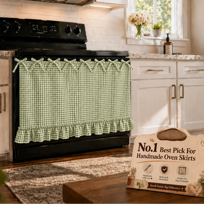 Gingham Oven Door Skirt with Bow Ties & Ruffled Hem – Farmhouse Kitchen Appliance Curtain