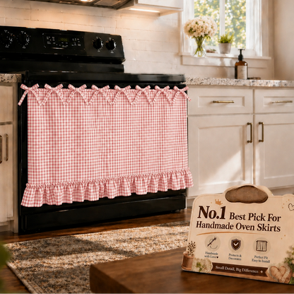 Gingham Oven Door Skirt with Bow Ties & Ruffled Hem – Farmhouse Kitchen Appliance Curtain