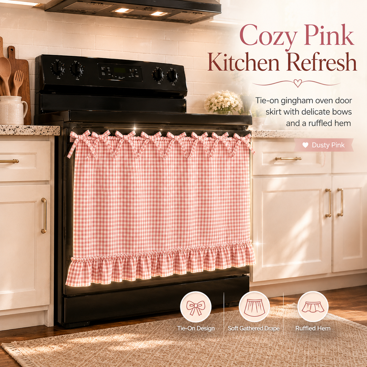 Gingham Oven Door Skirt with Bow Ties & Ruffled Hem – Farmhouse Kitchen Appliance Curtain