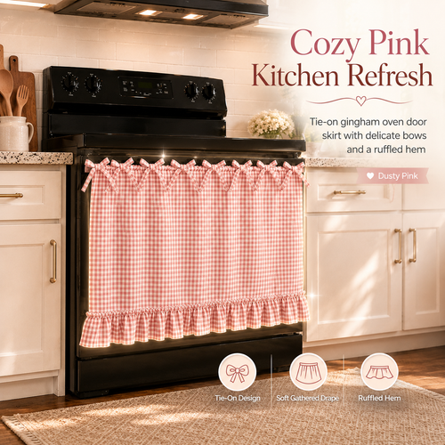 Gingham Oven Door Skirt with Bow Ties & Ruffled Hem – Farmhouse Kitchen Appliance Curtain