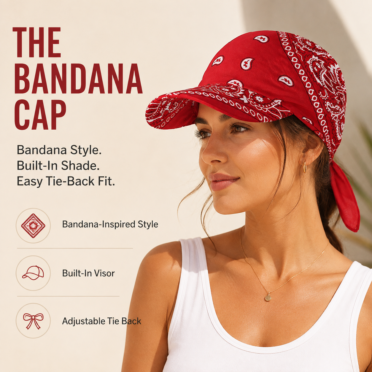Paisley Bandana Cap with Visor, Adjustable Tie‑Back Summer Sun Headscarf