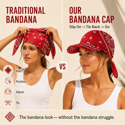 Paisley Bandana Cap with Visor, Adjustable Tie‑Back Summer Sun Headscarf