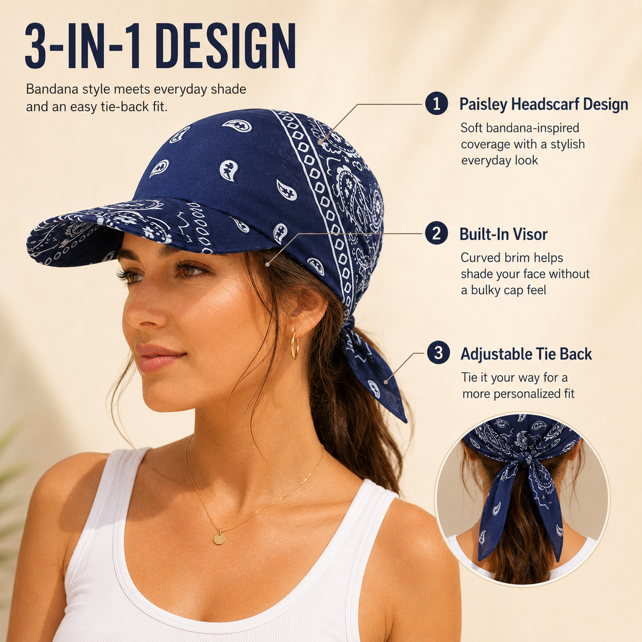 Paisley Bandana Cap with Visor, Adjustable Tie‑Back Summer Sun Headscarf
