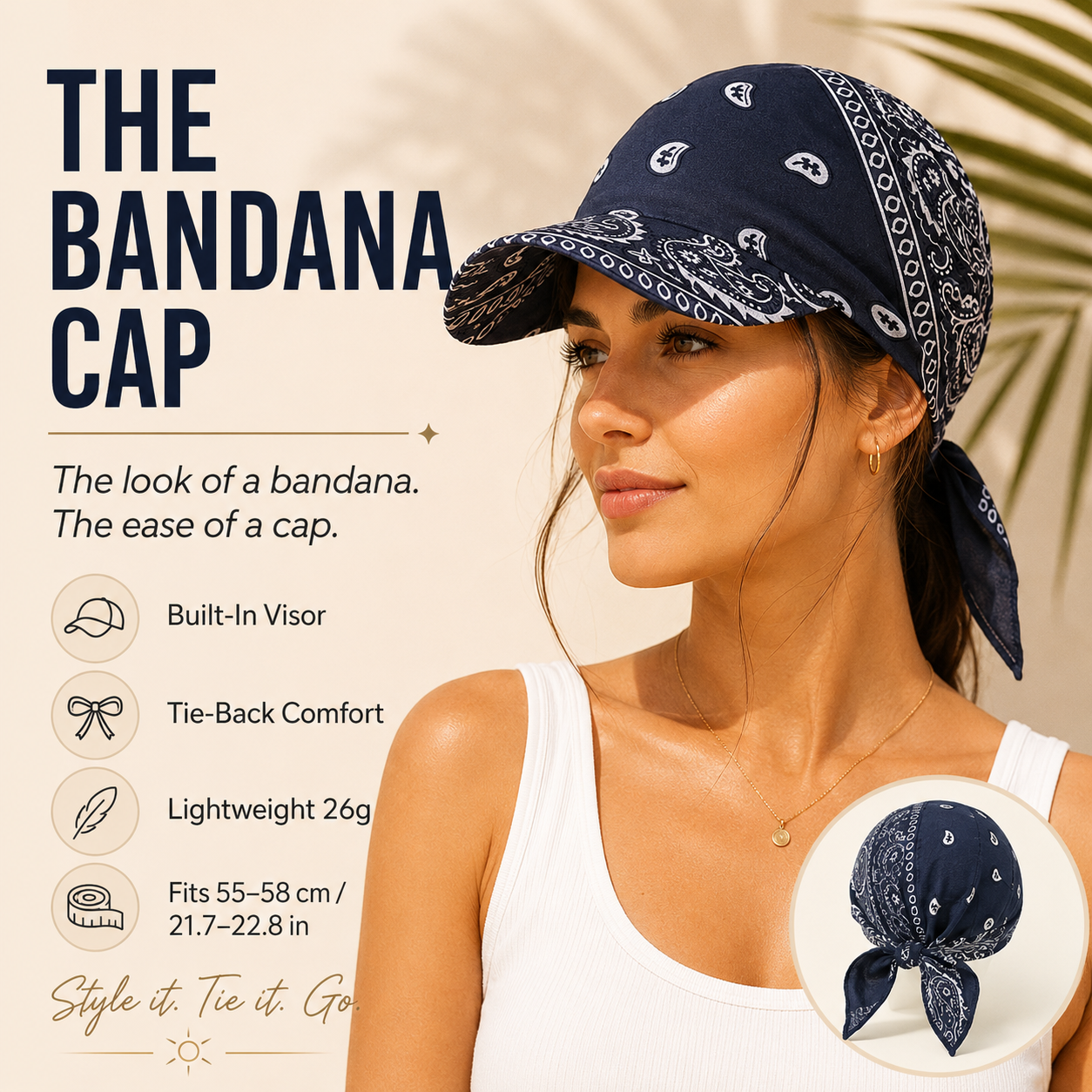 Paisley Bandana Cap with Visor, Adjustable Tie‑Back Summer Sun Headscarf