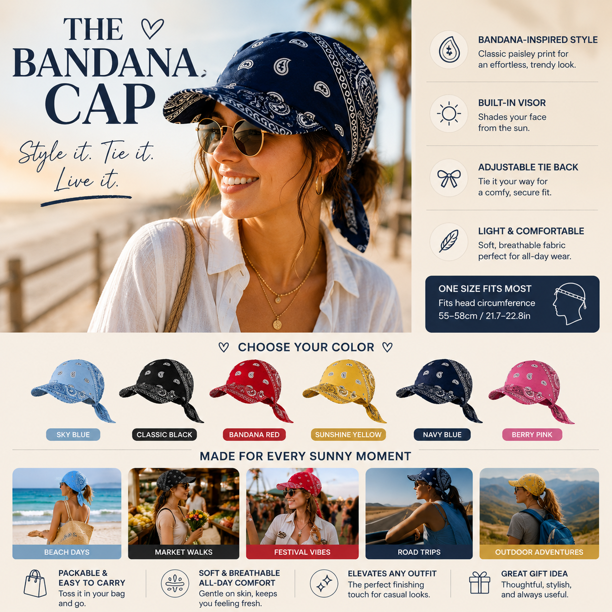 Paisley Bandana Cap with Visor, Adjustable Tie‑Back Summer Sun Headscarf