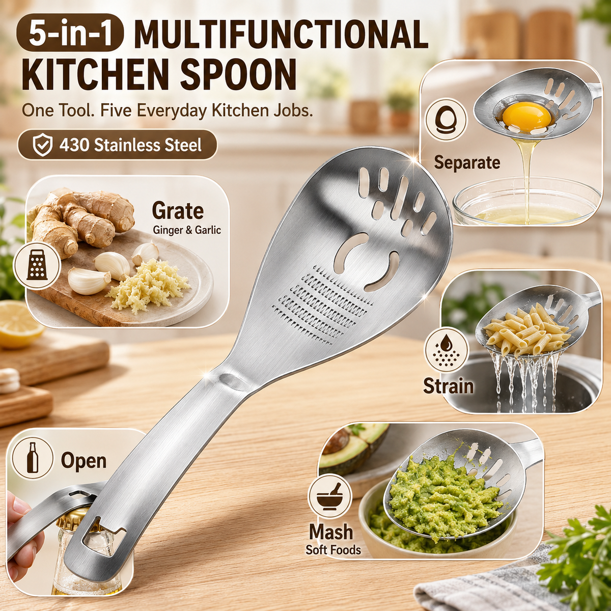 Five functions of the 5-in-1 kitchen spoon